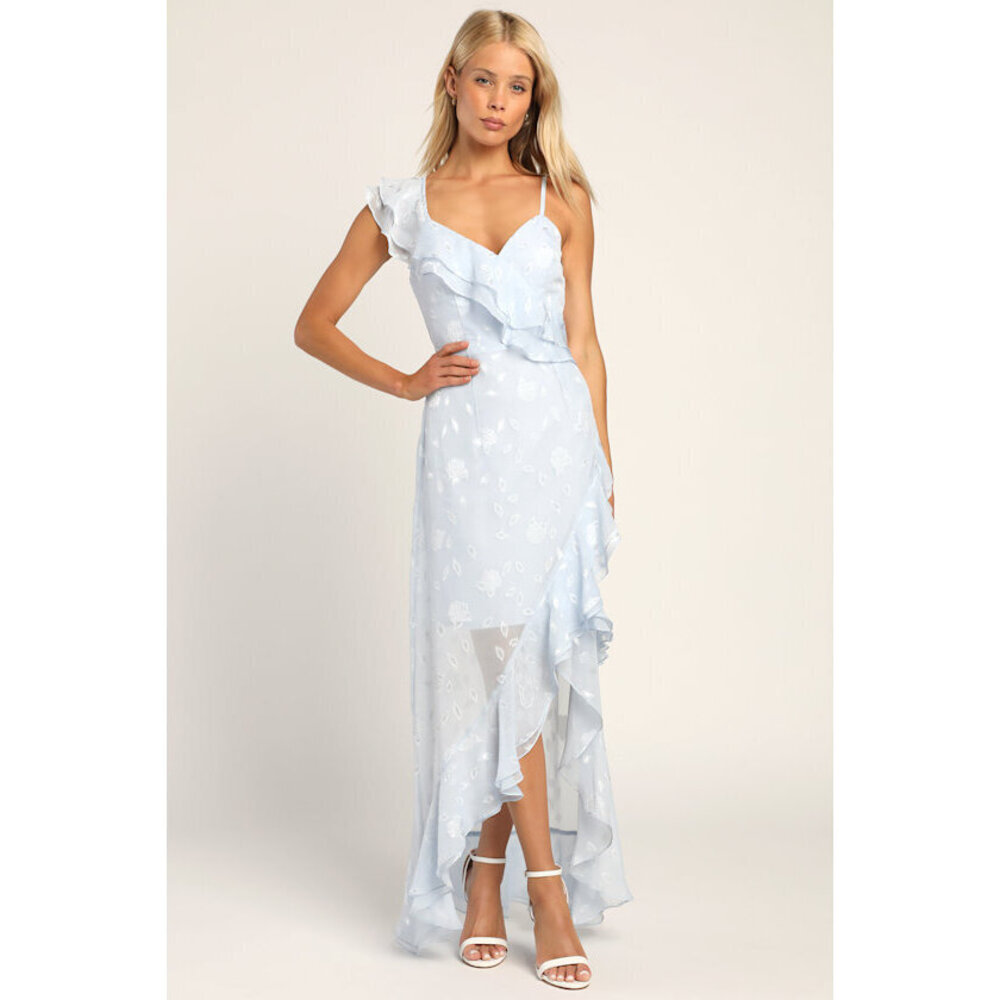 Lulus Forever Be Light Blue Floral Jacquard Ruffled Maxi Dress - Size M